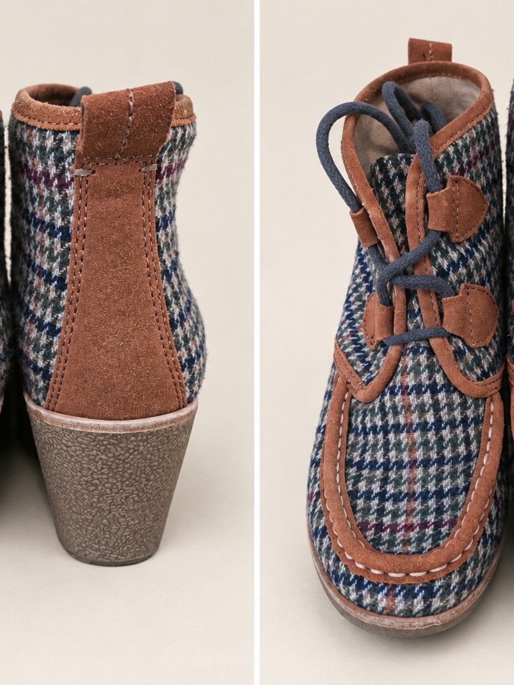 Bass Women's Plaid Herringbone Heeled Lace-Up Boots in Brown and Blue